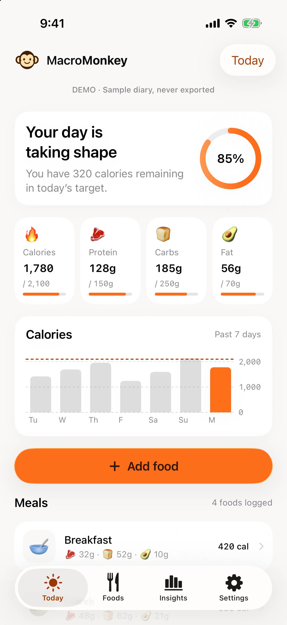MacroMonkey Today screen with a synthetic sample diary, calorie progress, protein, carbs and fat.